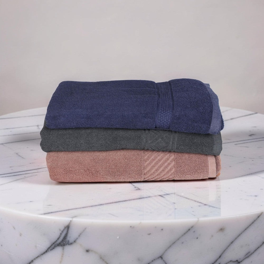 The Rich Cotton Bath Towel - 500 GSM, 75 × 145 cm, (Dark Blue, Grey, Beige - Pack of 3)