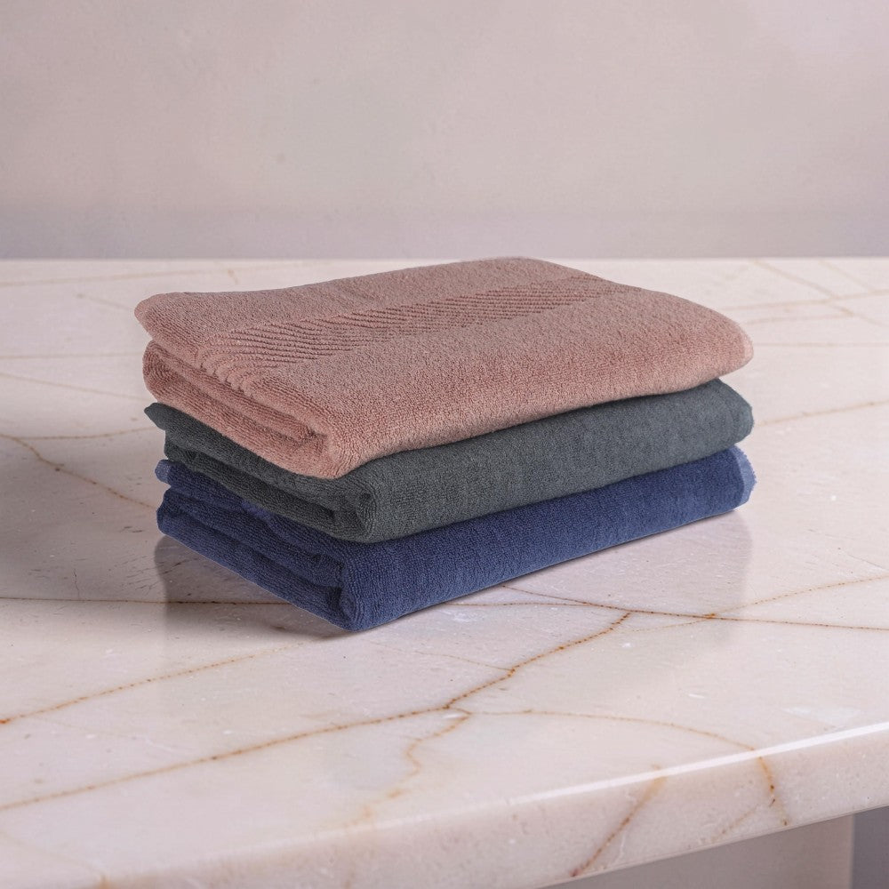 The Rich Cotton Bath Towel - 500 GSM, 75 × 145 cm, (Dark Blue, Grey, Beige - Pack of 3)