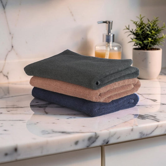 Treasure Cotton Bath Towel - Luxury 500 GSM, 75 × 145 cm, (Dark Blue, Grey, Beige - Pack of 3)